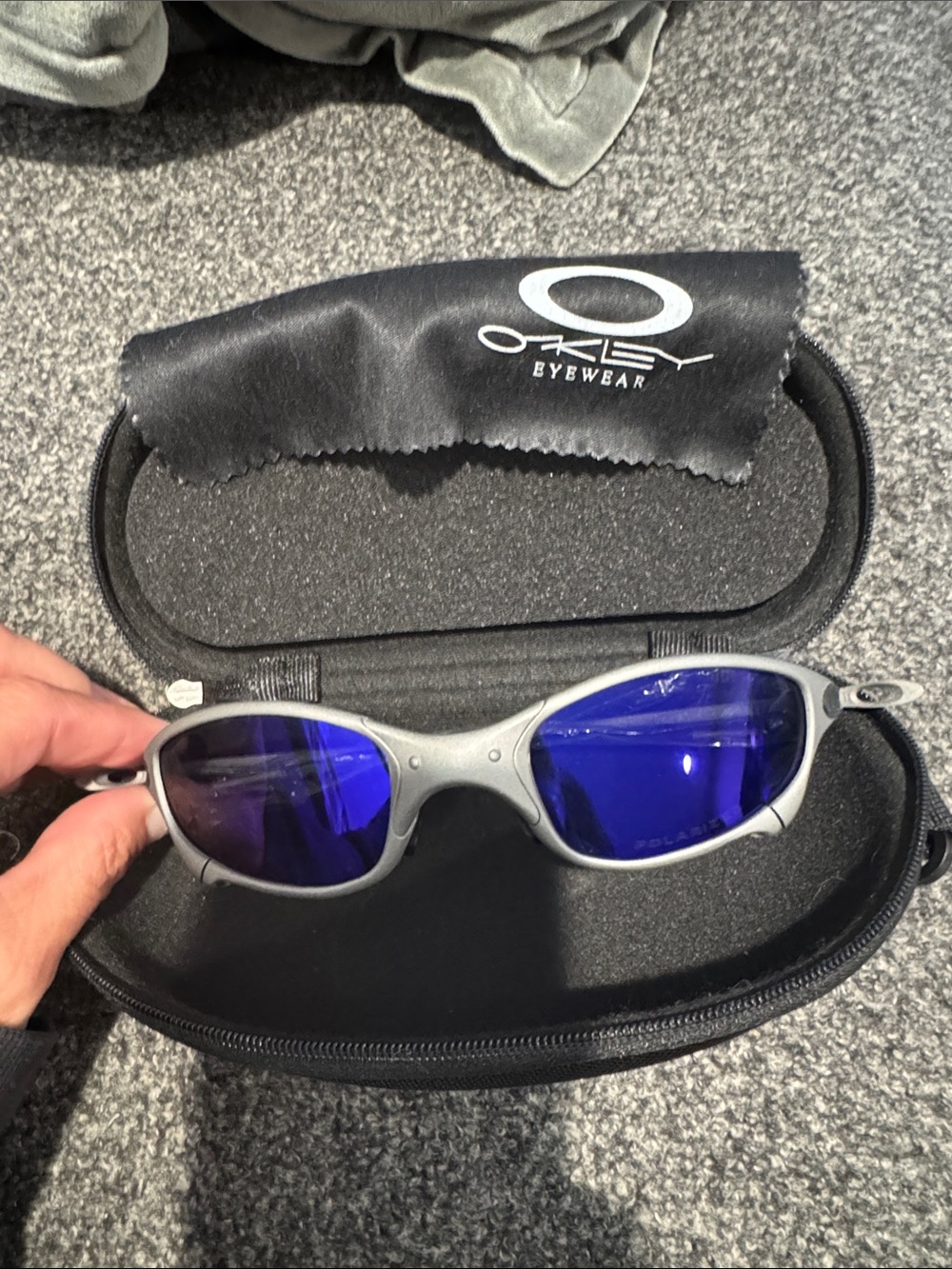 Oakley Sport Sunglasses with Blue Lenses and Silver Frame